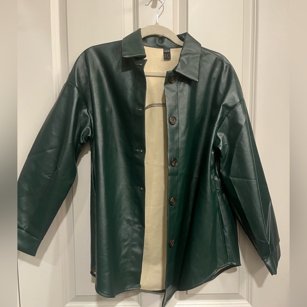 SHEIN faux leather green blazer